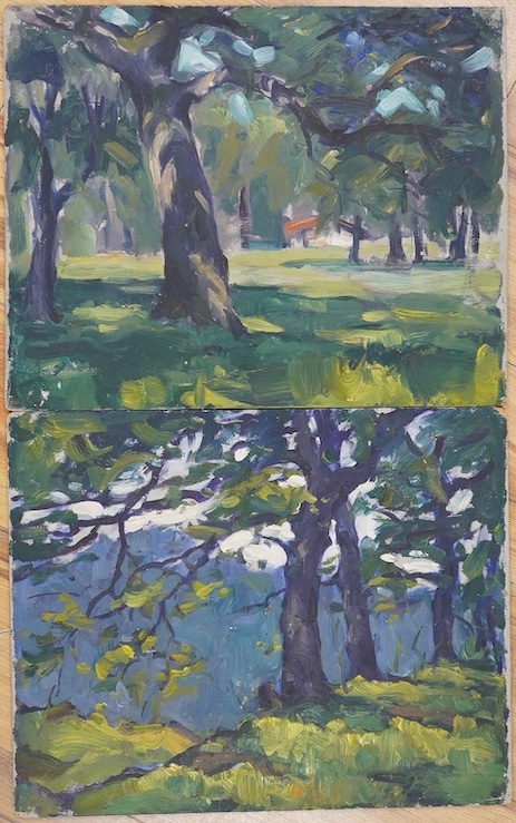 Early 20th century, French School, two oils on board, Abstract wooded landscapes, 33 x 40cm, unframed. Condition - fair, some chips and scuffs